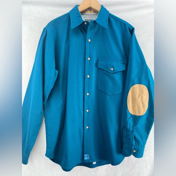 Vintage Pendleton Lobo Long Sleeve Shirt Blue Medium Elbow Patch Pure Wool - Picture 2 of 12